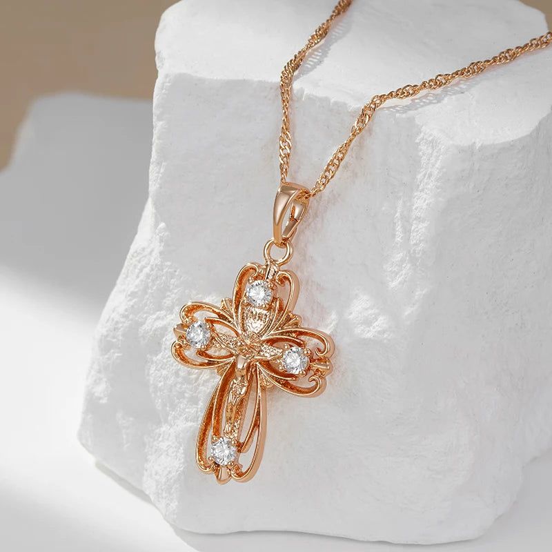 Refined Rose Gold Orthodox Cross Pendant Necklace with Natural Zircon Accents