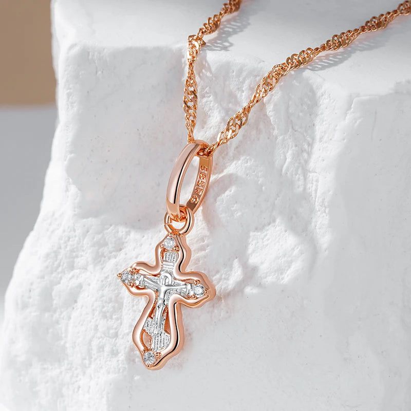 Refined Rose Gold Orthodox Cross Pendant Necklace with Natural Zircon Accents