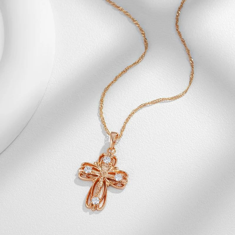 Refined Rose Gold Orthodox Cross Pendant Necklace with Natural Zircon Accents