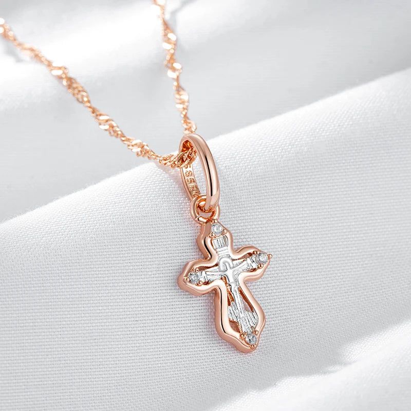 Refined Rose Gold Orthodox Cross Pendant Necklace with Natural Zircon Accents