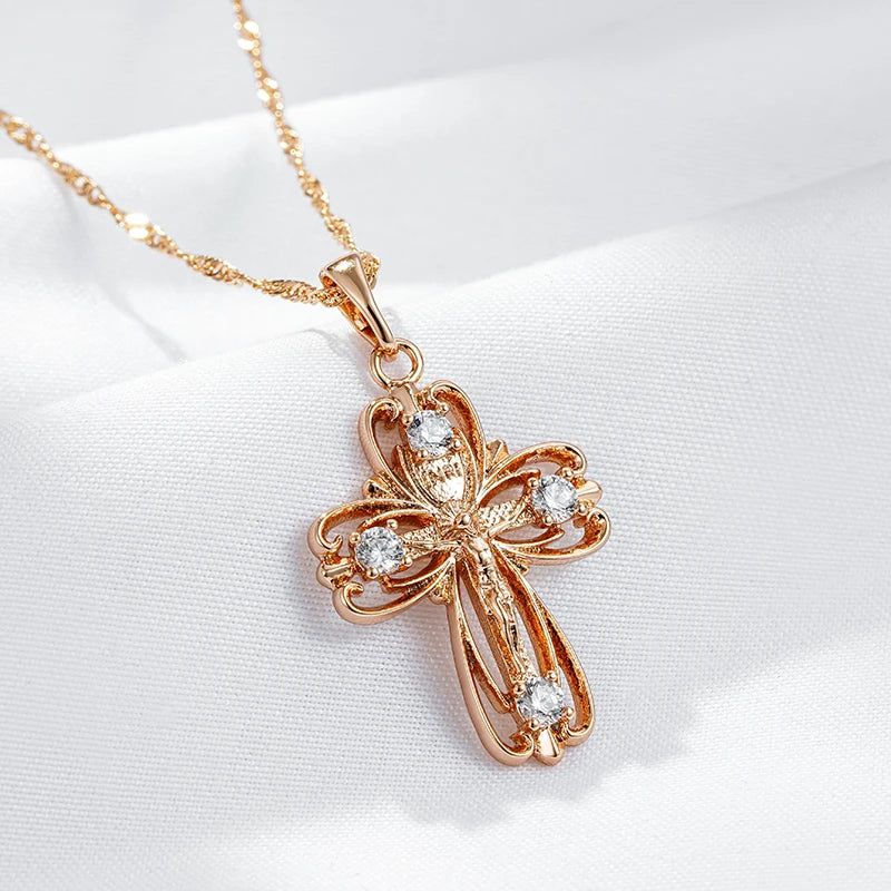 Refined Rose Gold Orthodox Cross Pendant Necklace with Natural Zircon Accents