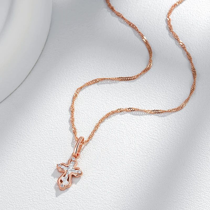 Refined Rose Gold Orthodox Cross Pendant Necklace with Natural Zircon Accents