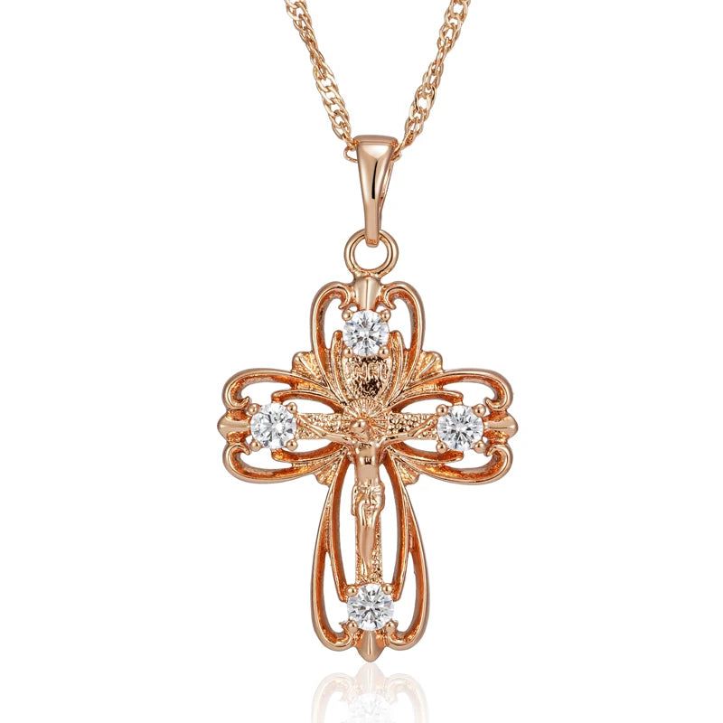 Refined Rose Gold Orthodox Cross Pendant Necklace with Natural Zircon Accents