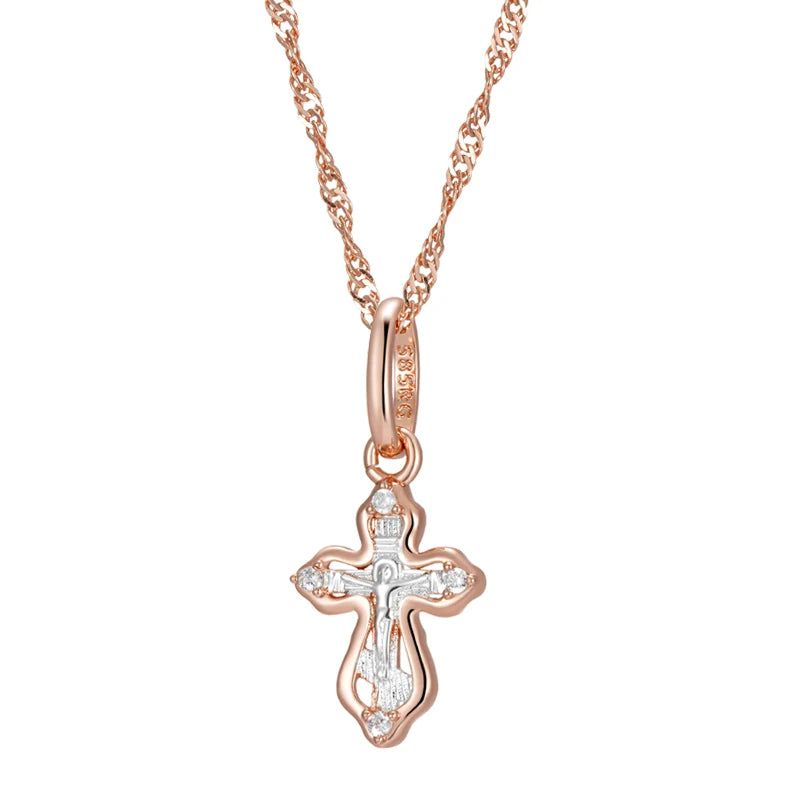 Refined Rose Gold Orthodox Cross Pendant Necklace with Natural Zircon Accents