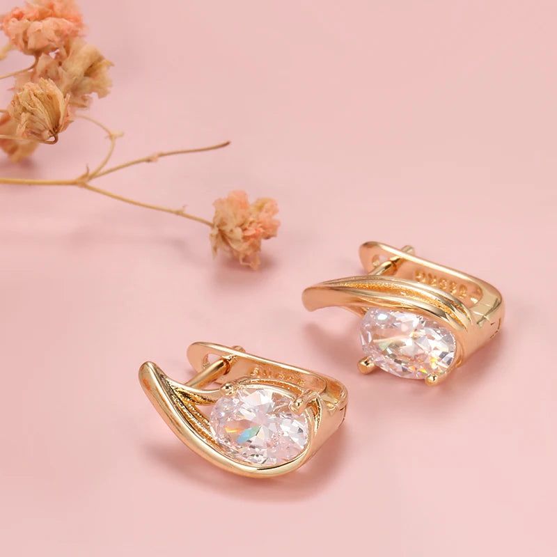 Refined Rose Gold Oval Drop Earrings with White Natural Zircon - High-Quality Fashion Jewelry