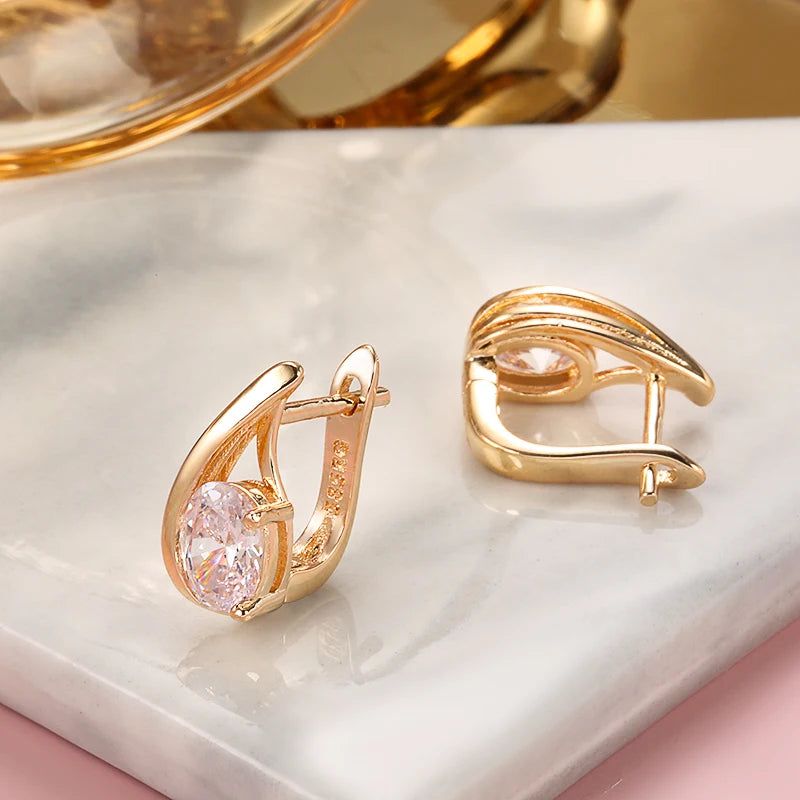 Refined Rose Gold Oval Drop Earrings with White Natural Zircon - High-Quality Fashion Jewelry