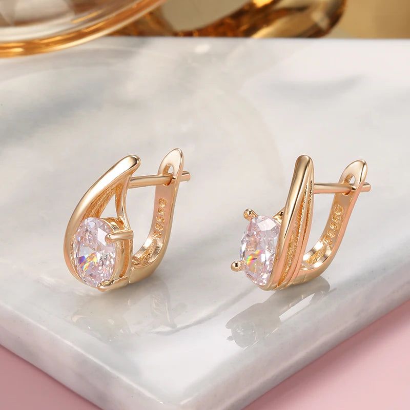 Refined Rose Gold Oval Drop Earrings with White Natural Zircon - High-Quality Fashion Jewelry