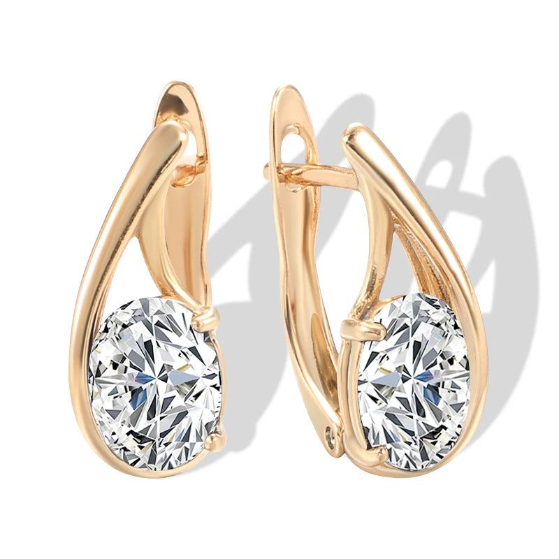 Refined Rose Gold Oval Drop Earrings with White Natural Zircon - High-Quality Fashion Jewelry