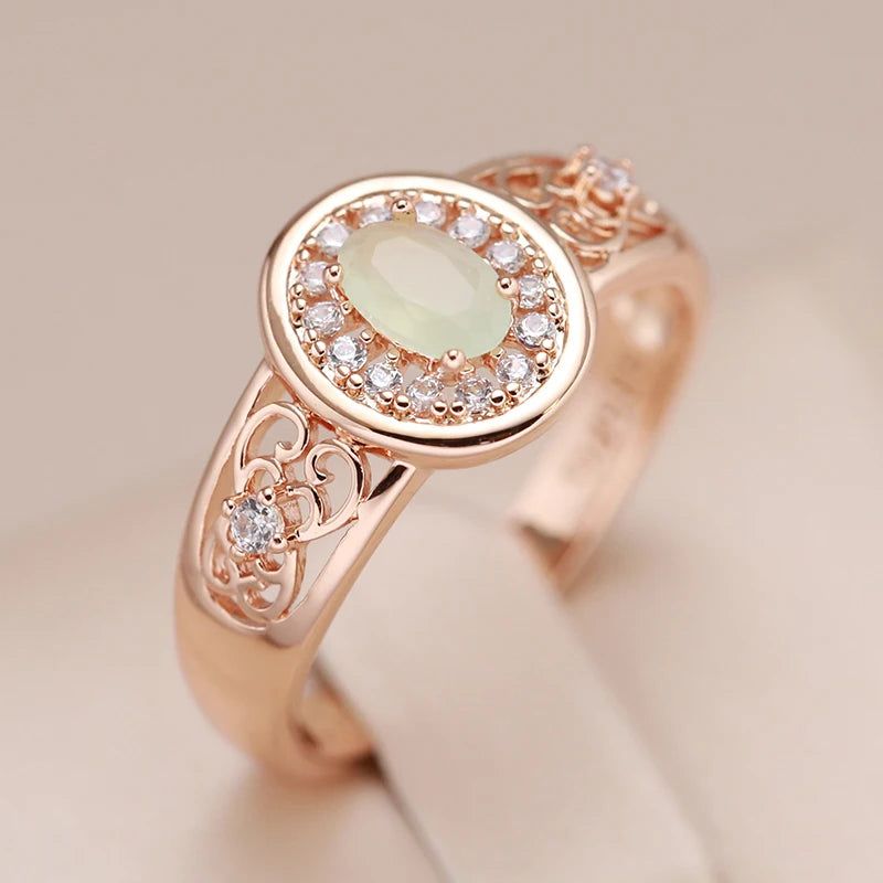 Refined Rose Gold Oval Emerald Ring with Natural Zircon Floral Design