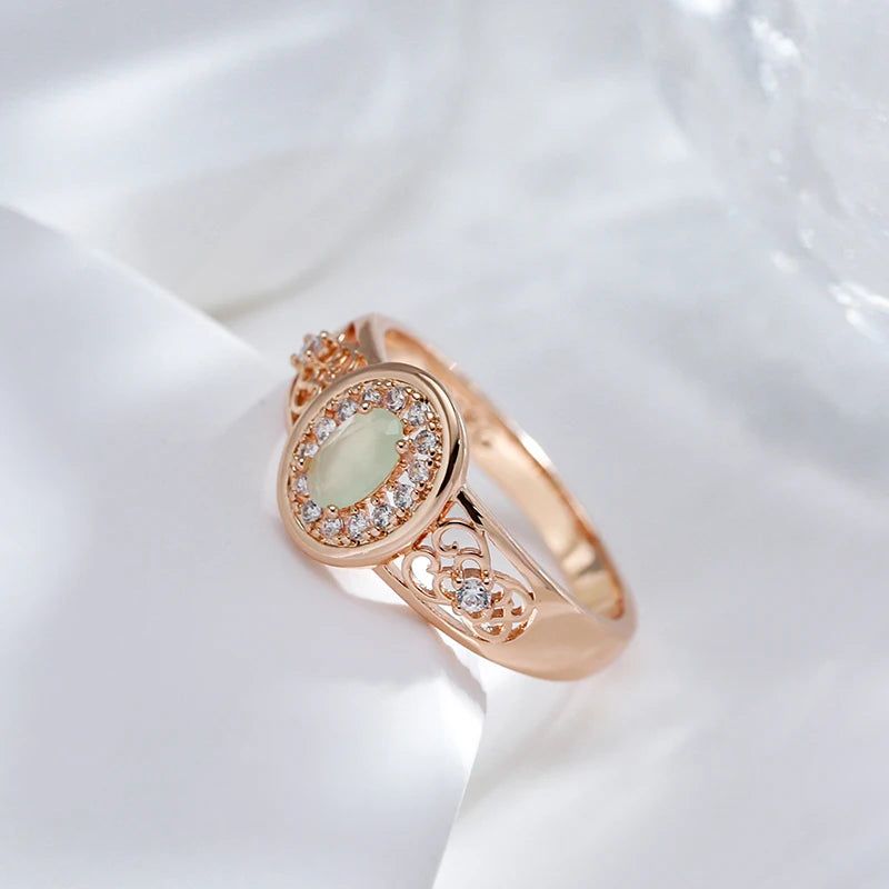 Refined Rose Gold Oval Emerald Ring with Natural Zircon Floral Design