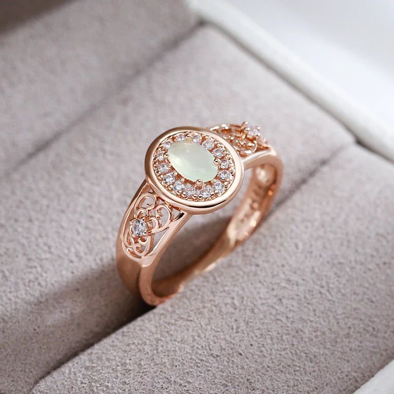 Refined Rose Gold Oval Emerald Ring with Natural Zircon Floral Design