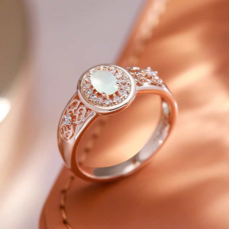 Refined Rose Gold Oval Emerald Ring with Natural Zircon Floral Design