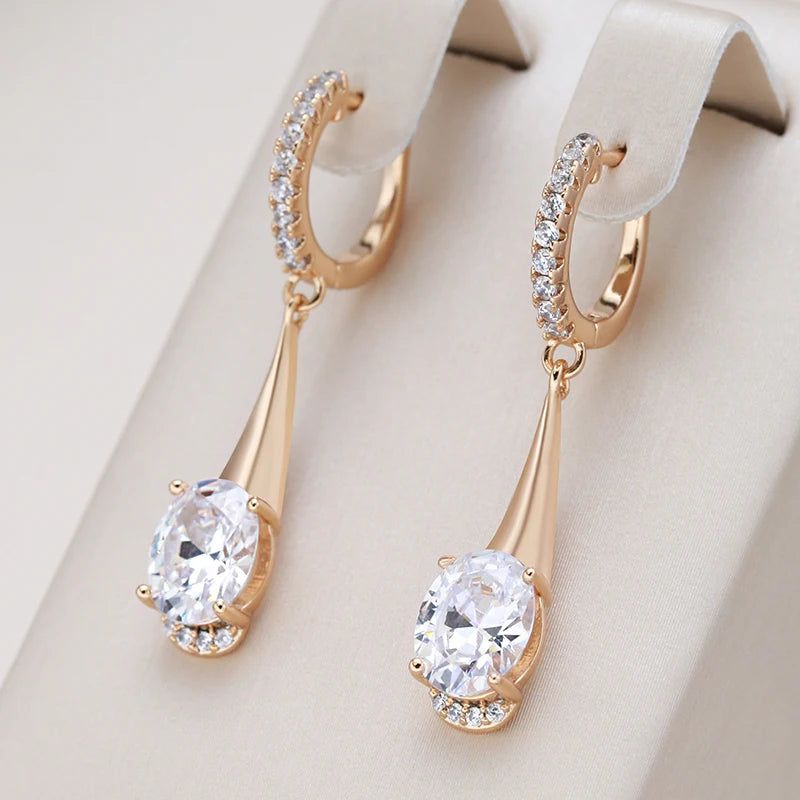 Refined Rose Gold Oval Zircon Dangle Earrings - Luxury Fashion Jewelry for Christmas and Special Occasions