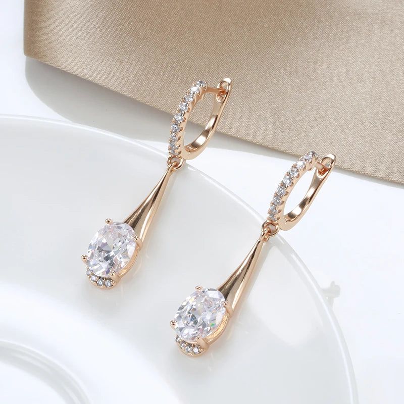 Refined Rose Gold Oval Zircon Dangle Earrings - Luxury Fashion Jewelry for Christmas and Special Occasions