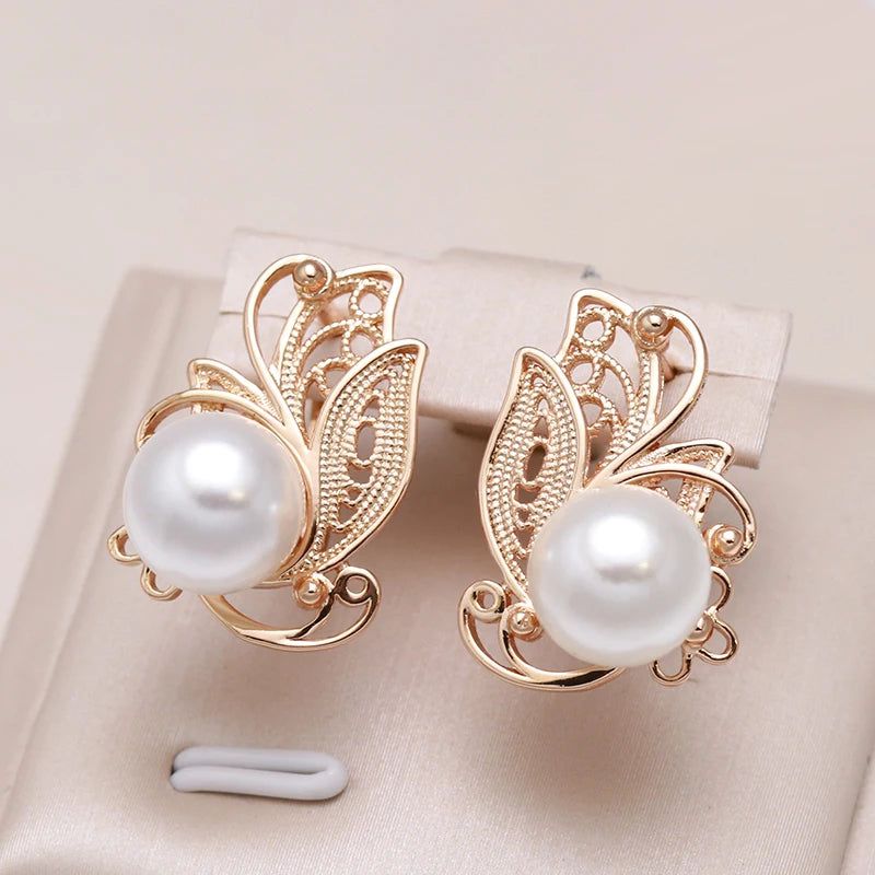 Refined Rose Gold Pearl Drop Earrings with Hollow Floral Design