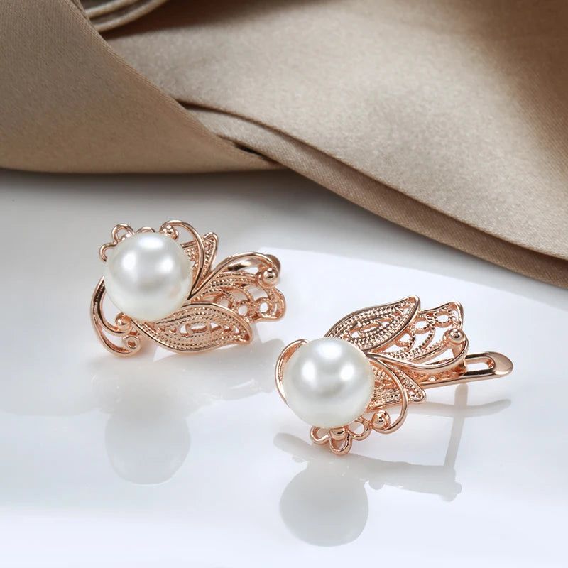 Refined Rose Gold Pearl Drop Earrings with Hollow Floral Design