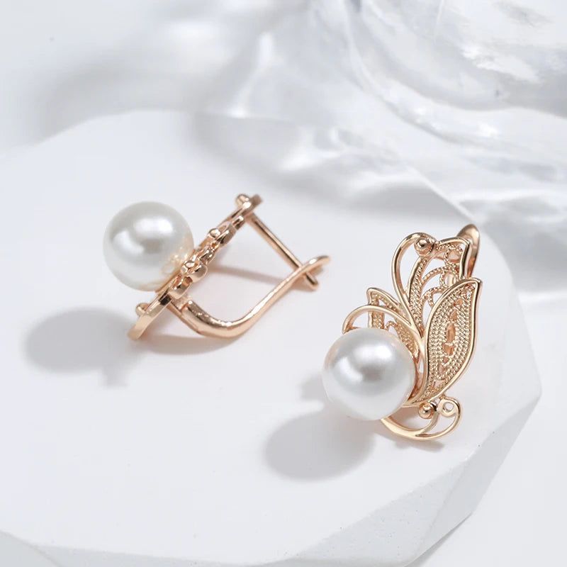 Refined Rose Gold Pearl Drop Earrings with Hollow Floral Design