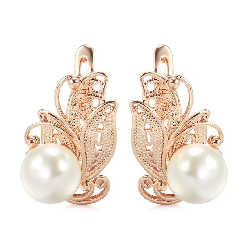 Refined Rose Gold Pearl Drop Earrings with Hollow Floral Design