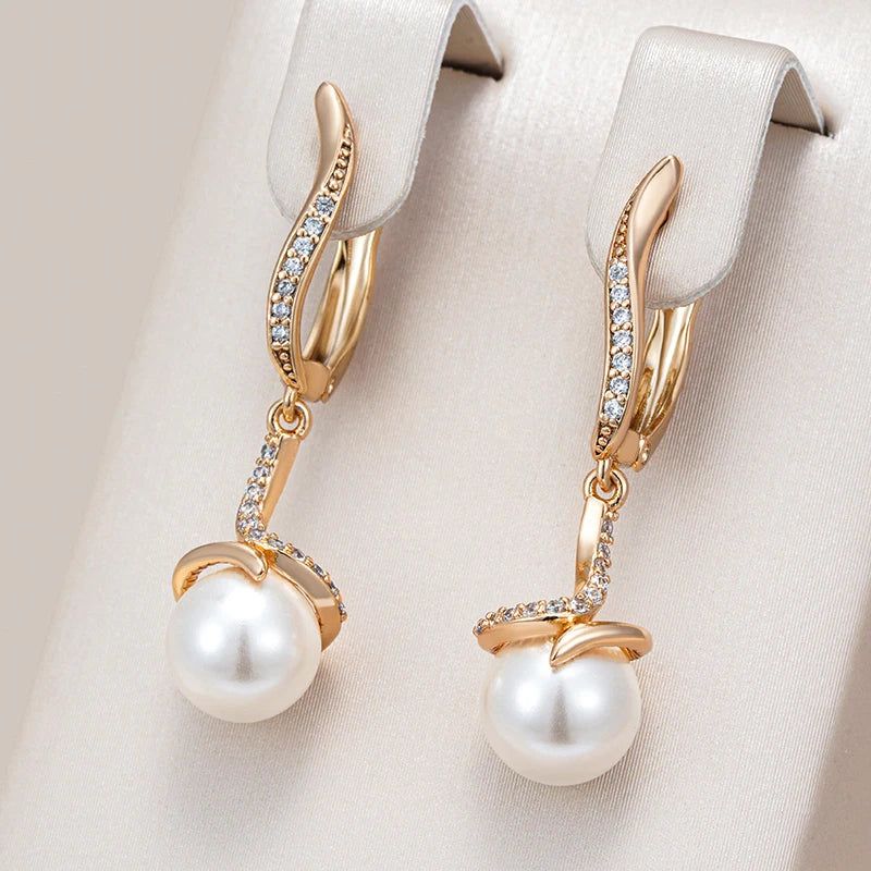 Refined Rose Gold Pearl Drop Earrings with Natural Zircon Accents