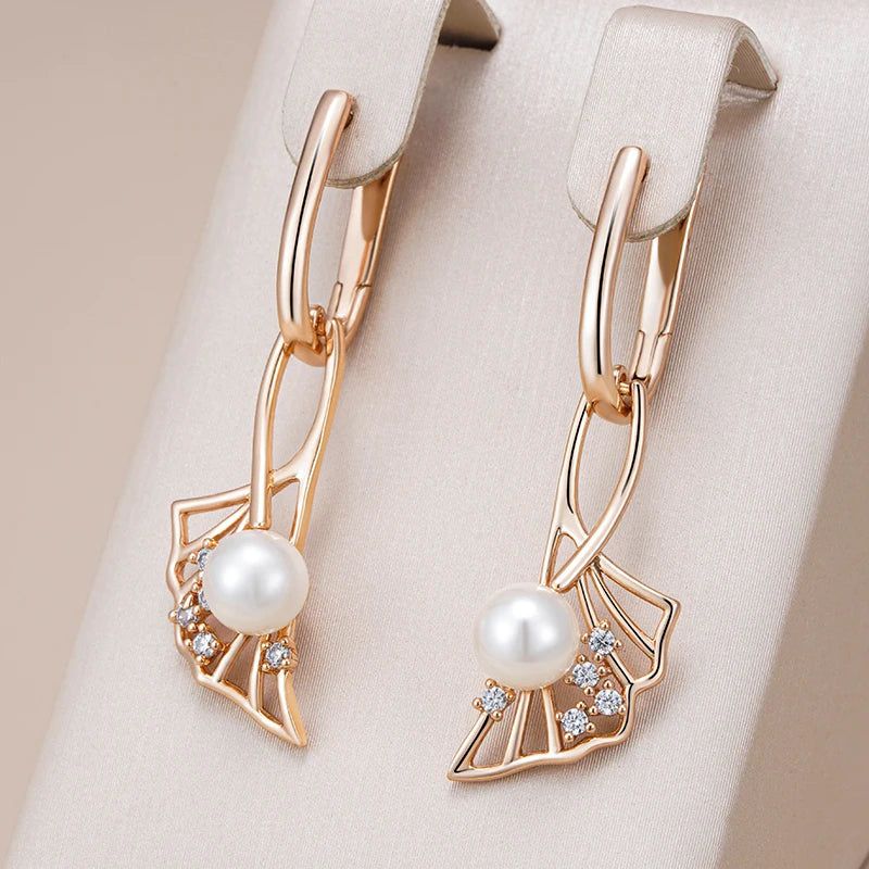 Refined Rose Gold Pearl Drop Earrings with Natural Zircon Accents