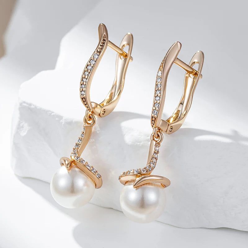 Refined Rose Gold Pearl Drop Earrings with Natural Zircon Accents