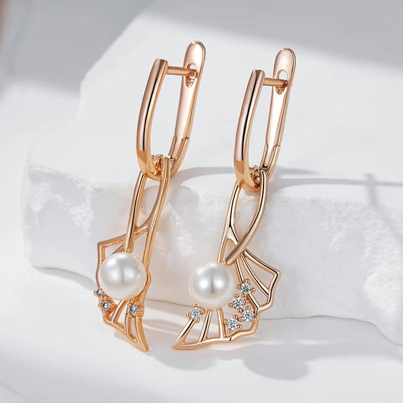 Refined Rose Gold Pearl Drop Earrings with Natural Zircon Accents