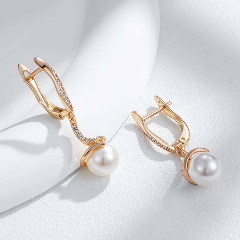 Refined Rose Gold Pearl Drop Earrings with Natural Zircon Accents