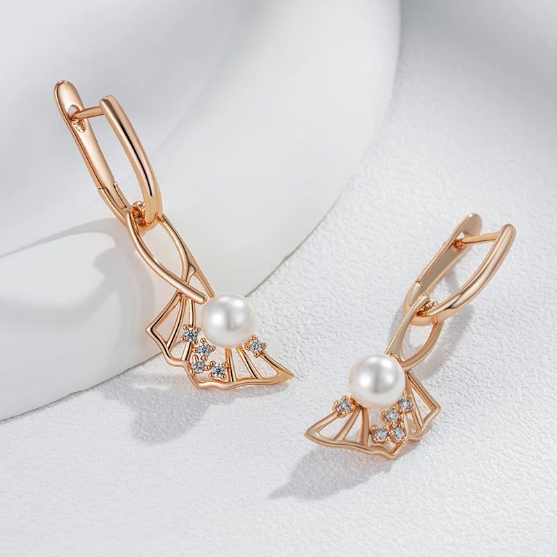 Refined Rose Gold Pearl Drop Earrings with Natural Zircon Accents