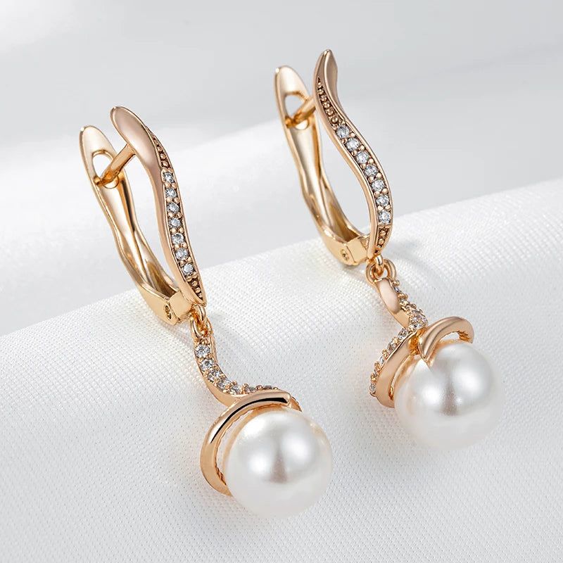 Refined Rose Gold Pearl Drop Earrings with Natural Zircon Accents