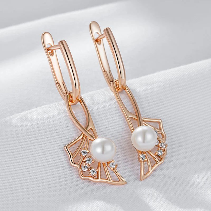 Refined Rose Gold Pearl Drop Earrings with Natural Zircon Accents