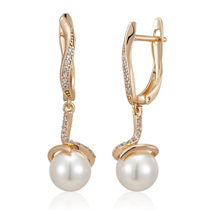 Refined Rose Gold Pearl Drop Earrings with Natural Zircon Accents