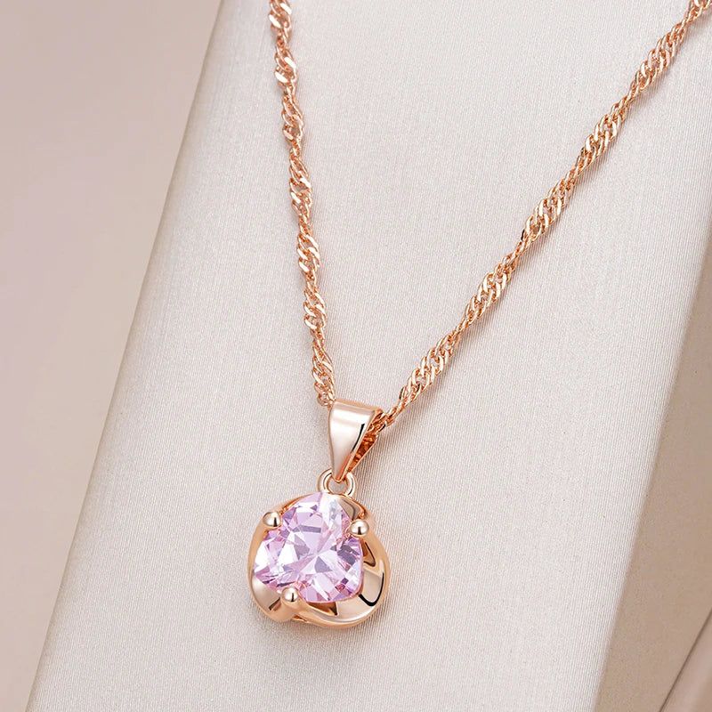 Refined Rose Gold Pendant Necklace with Romantic Pink Natural Zircon for Couples