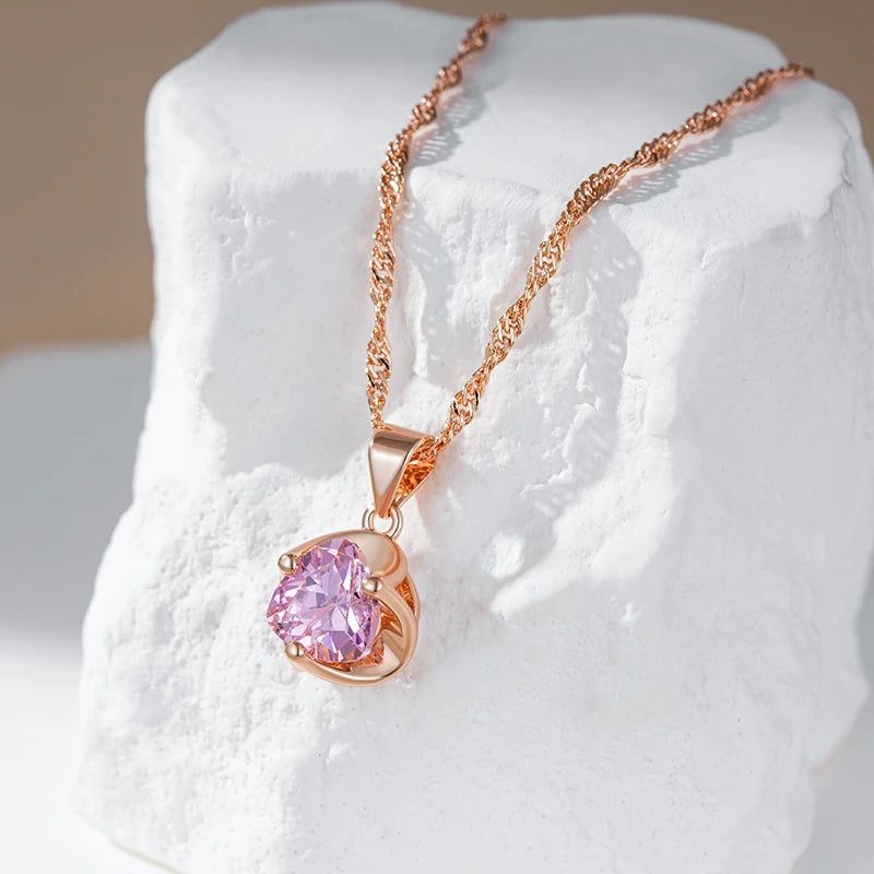 Refined Rose Gold Pendant Necklace with Romantic Pink Natural Zircon for Couples