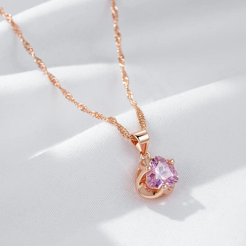 Refined Rose Gold Pendant Necklace with Romantic Pink Natural Zircon for Couples