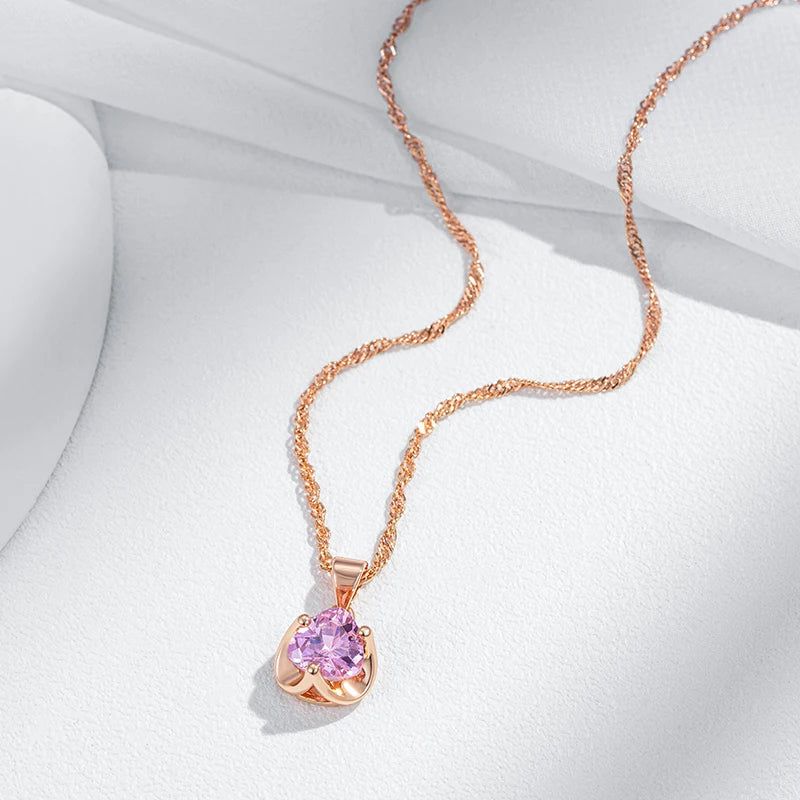 Refined Rose Gold Pendant Necklace with Romantic Pink Natural Zircon for Couples