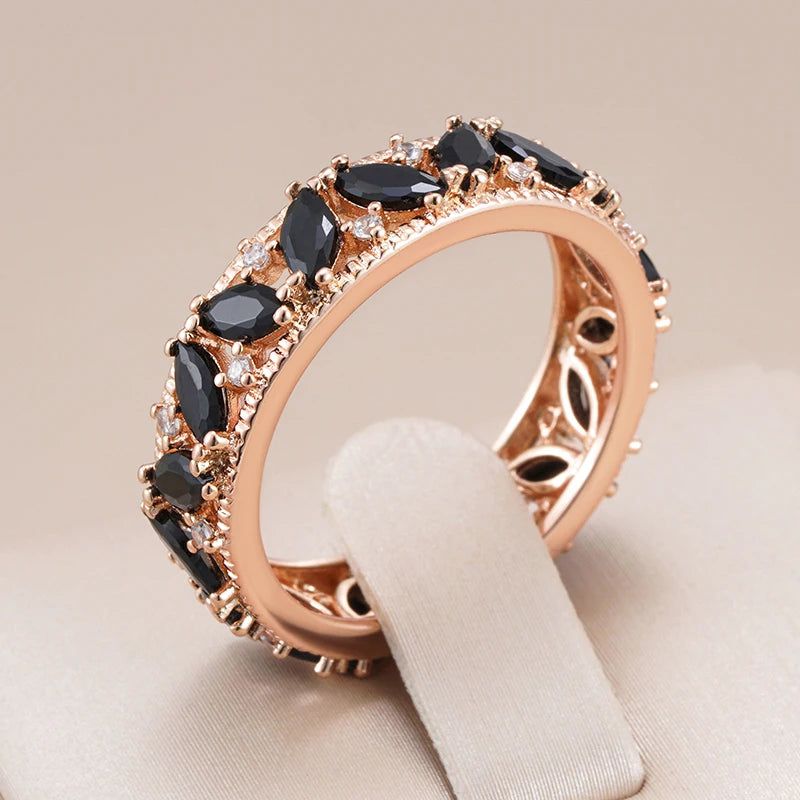 Refined Rose Gold Plated Black Crystal Cocktail Ring with Natural Zircon Accents