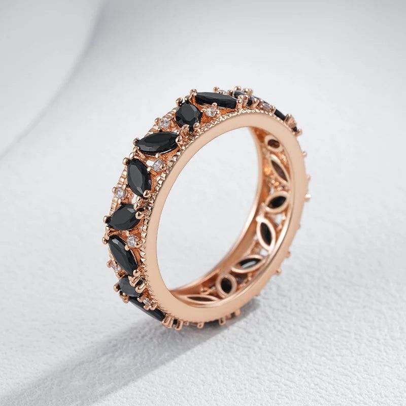 Refined Rose Gold Plated Black Crystal Cocktail Ring with Natural Zircon Accents