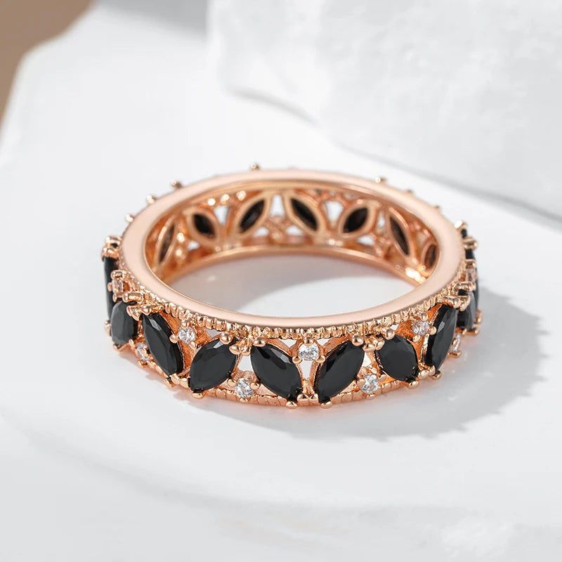 Refined Rose Gold Plated Black Crystal Cocktail Ring with Natural Zircon Accents