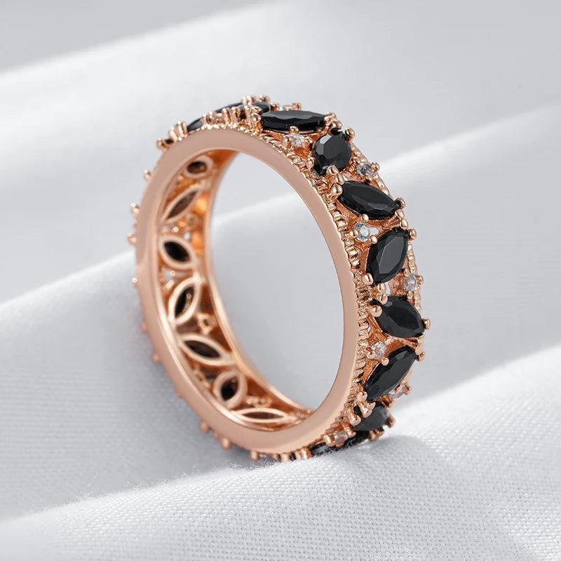 Refined Rose Gold Plated Black Crystal Cocktail Ring with Natural Zircon Accents