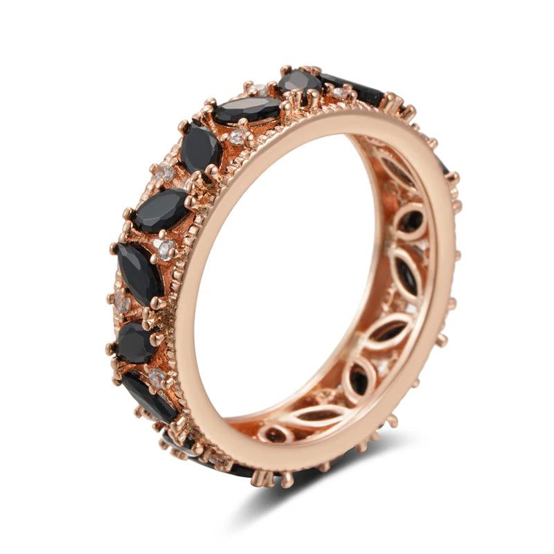 Refined Rose Gold Plated Black Crystal Cocktail Ring with Natural Zircon Accents