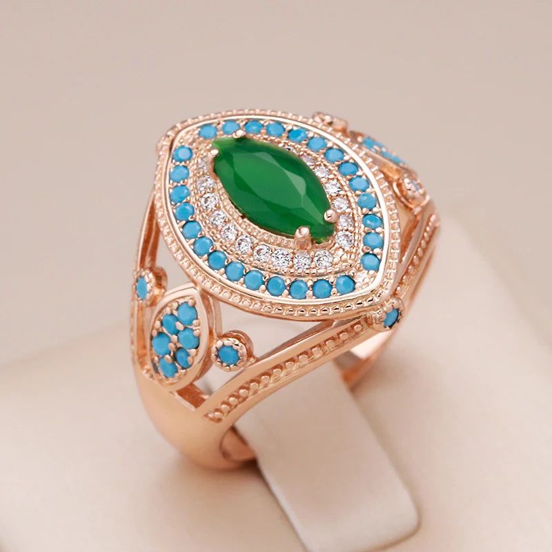 Refined Vintage 585 Rose Gold Rhombus Ring with Green and Blue Natural Zircon