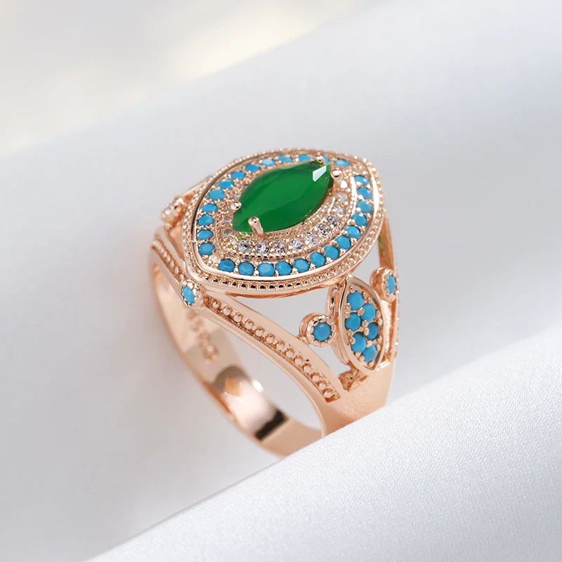 Refined Vintage 585 Rose Gold Rhombus Ring with Green and Blue Natural Zircon