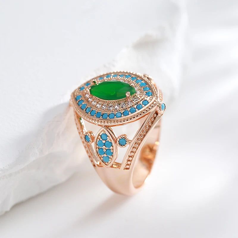 Refined Vintage 585 Rose Gold Rhombus Ring with Green and Blue Natural Zircon