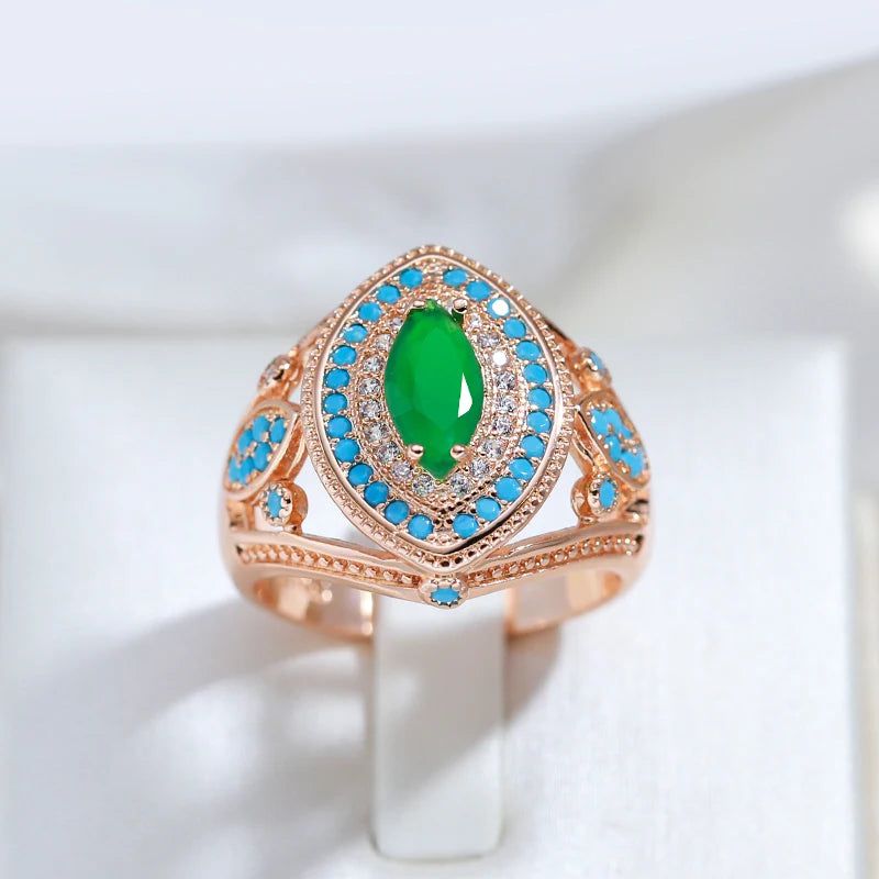 Refined Vintage 585 Rose Gold Rhombus Ring with Green and Blue Natural Zircon