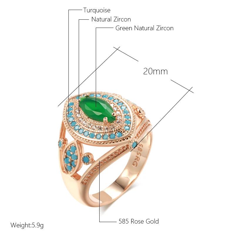 Refined Vintage 585 Rose Gold Rhombus Ring with Green and Blue Natural Zircon