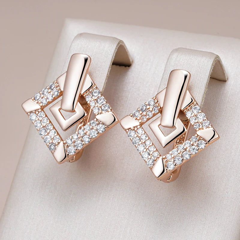 Refined Vintage 585 Rose Gold Square Drop Earrings with Natural Zircon