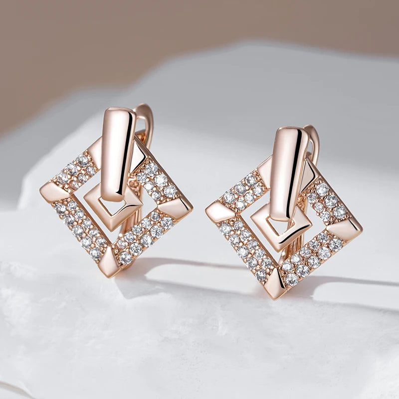 Refined Vintage 585 Rose Gold Square Drop Earrings with Natural Zircon