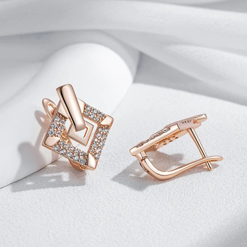 Refined Vintage 585 Rose Gold Square Drop Earrings with Natural Zircon