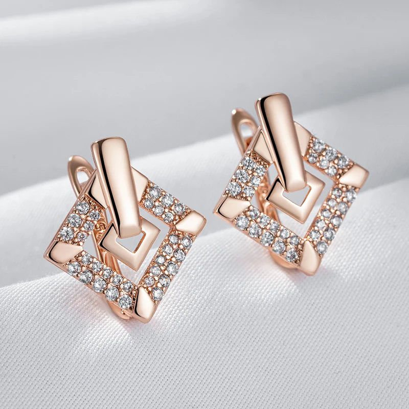 Refined Vintage 585 Rose Gold Square Drop Earrings with Natural Zircon