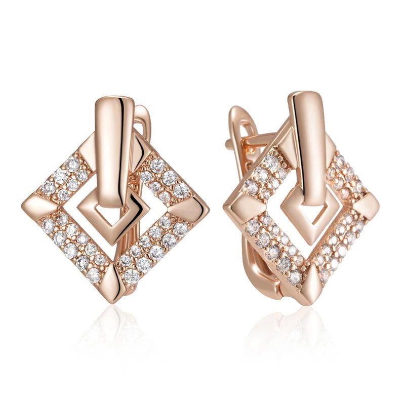 Refined Vintage 585 Rose Gold Square Drop Earrings with Natural Zircon